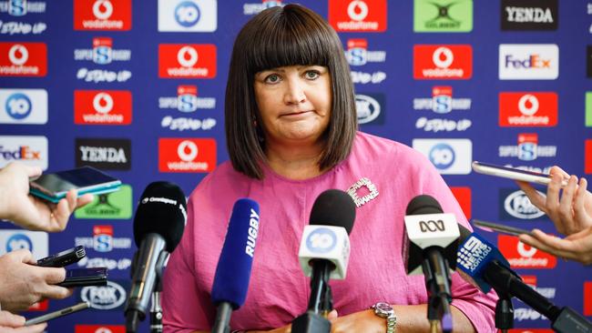 Raelene Castle speaks at the 2020 Super Rugby media launch last month.