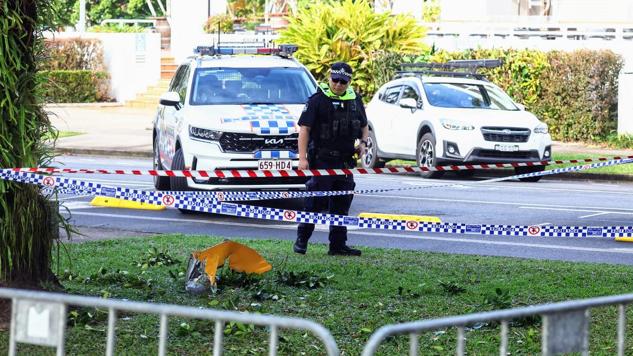 Part of the rotor blade in parkland on the opposite side of the Esplanade. Picture: Brendan Radke