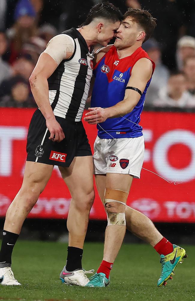 Brayden Maynard and Jack Viney remonstrate after the hit on Angus Brayshaw. Picture: Michael Klein