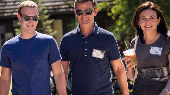 Mark Zuckerberg, chief executive officer of Facebook, Dan Rose, vice president, partnerships at Facebook, and Sheryl Sandberg, chief operating officer of Facebook, attend the annual Allen &amp; Company Sun Valley Conference in July.  Picture: AFP