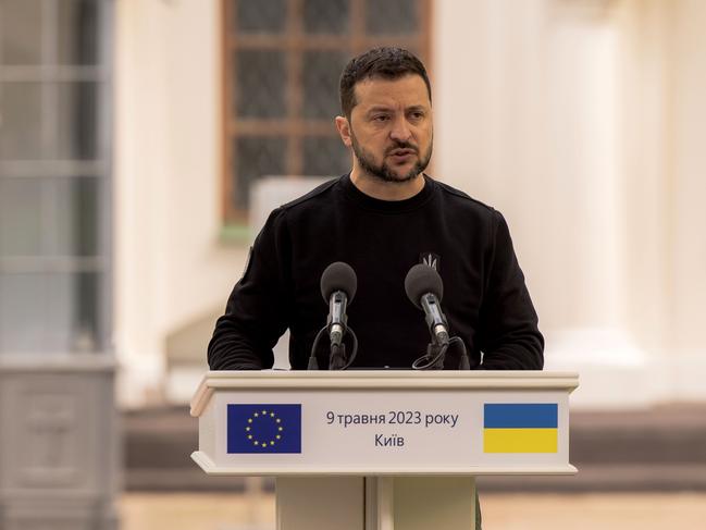 Ukrainian President Volodymyr Zelensky speaks during his joint press briefing with President of the European Commission Ursula von der Leyen.