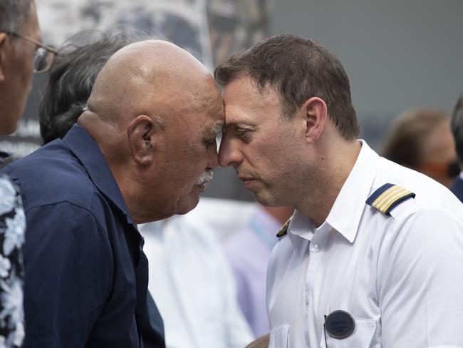 The crew of the Ovation of the Seas hongi Ngtai Te Rangi Iwi during the Karakia Whakatau Mauri blessing at the Tauranga Port. Picture: Brett Phibbs