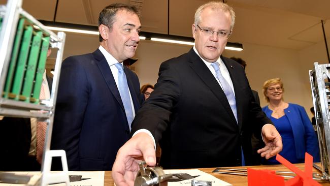 Prime Minister Scott Morrison (right) with Premier Steven Marshall at the old RAH site for the announcement of the Australian Space Agency. Picture: AAP Image/Sam Wundke