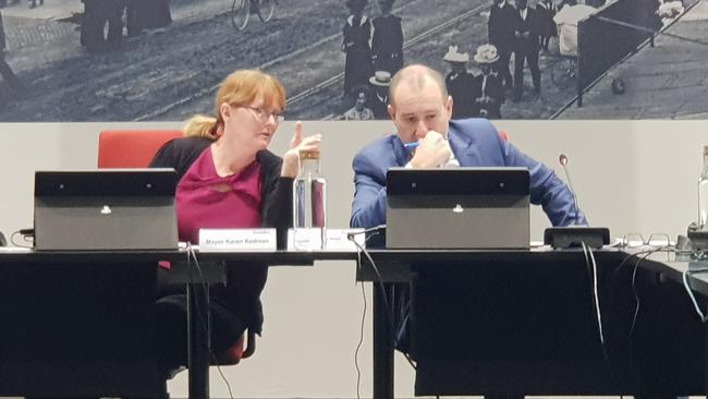 Gawler Council chief executive Henry Inat and mayor Karen Redman at a council meeting. Picture: Colin James