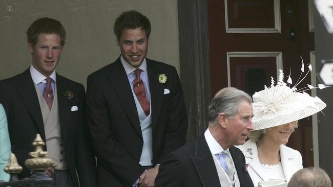 Prince Harry, Prince William, Charles and Camilla depart the Civil Ceremony where they were legally married in 2005 in Berkshire.