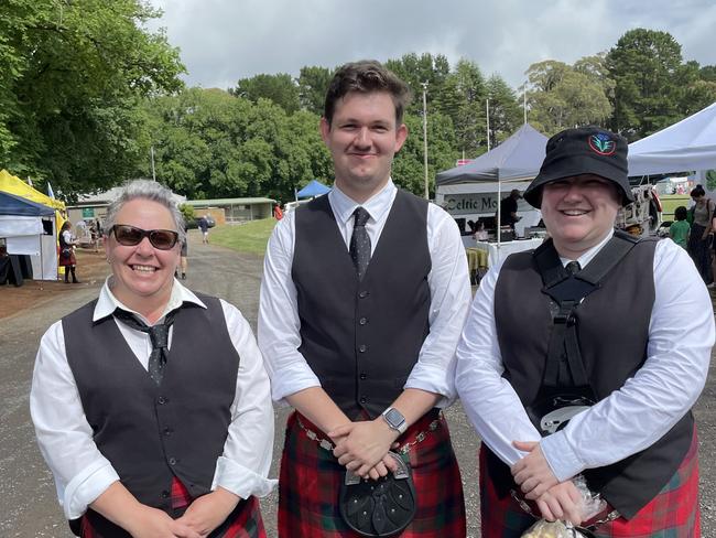 Caroline Troup, Angus Murphy and Sarah Bedwell from the Victorian Scottish Pipes and Drum group. Picture: Athos Sirianos