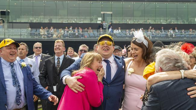 Winning connections of It's Me react after winning the Kosciuszko. Picture: Jenny Evans/Getty Images