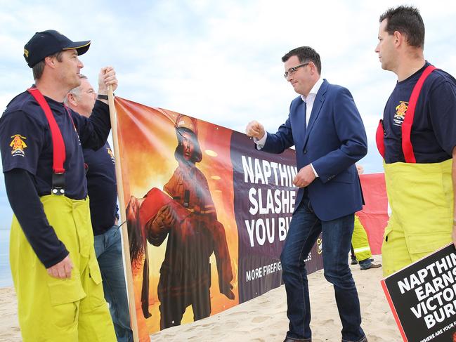 Opposition leader Daniel Andrews meets firefighters after appearing on the Today Show at the Frankston Pier on Monday 24th November, 2014. Picture: Nathan Dyer