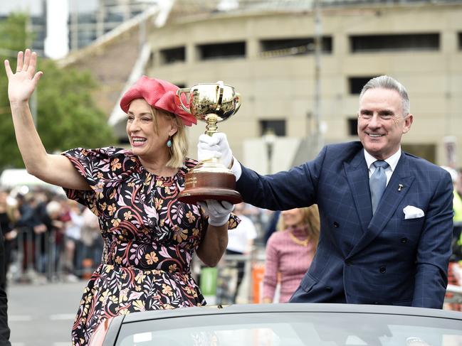 Melbourne Lord Mayor Sally Capp and Victorian Racing Club Chairman Neil Wilson at the 2022 Melbourne Cup Parade. Picture: Andrew Henshaw