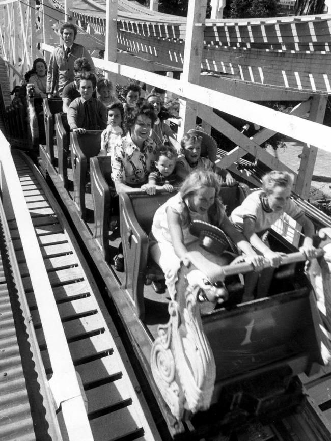 Kids on Luna Park’s Scenic Railway in 1971. Picture: HWT Library.