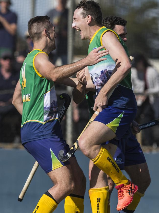 Brisbane celebrate the win against Toowoomba 1 in Hockey Queensland Championships men's final at Clyde Park, Monday, May 3, 2021. Picture: Kevin Farmer