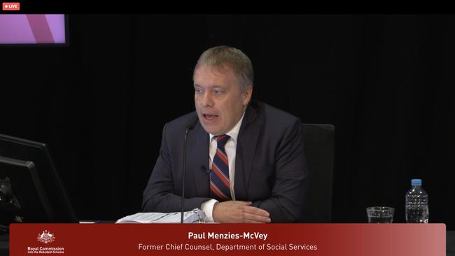 Former chief counsel of the department of social services Paul Menzies-McVey fronted the royal commission into robodebt on Tuesday.