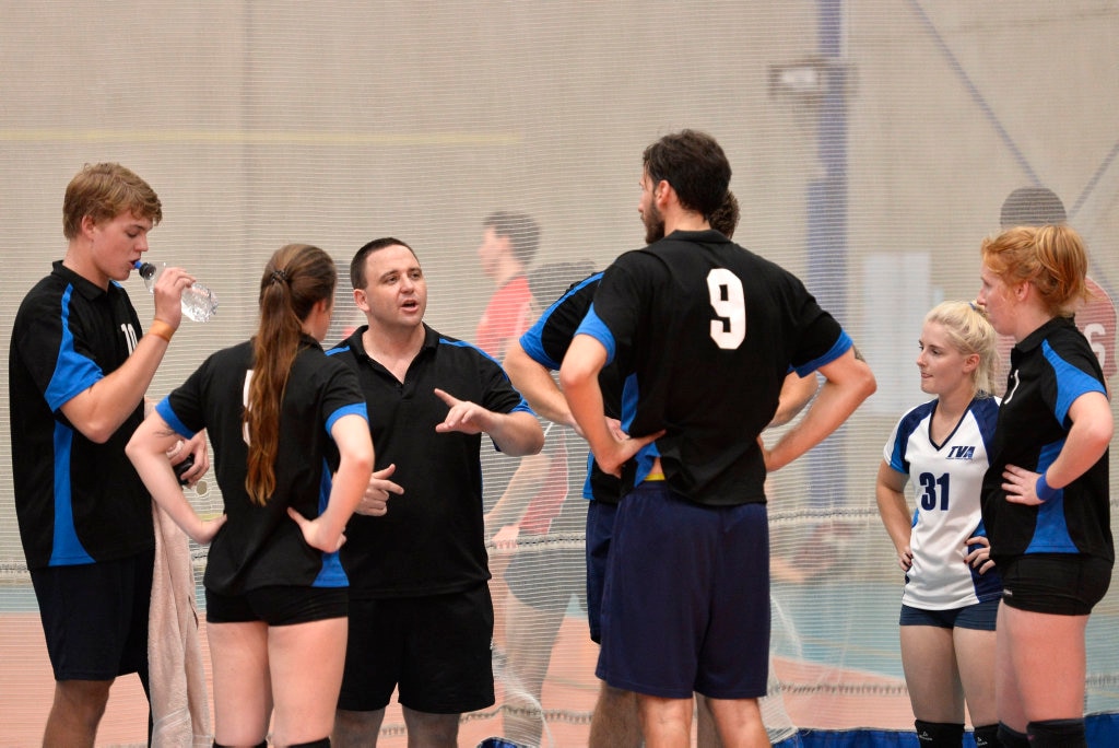 Remember the Titans team talk against Brisbane Volleyball Club in the final of the Clash of the Titans volleyball tournament at Harristown State High School gym, Sunday, February 25, 2018. Picture: Kevin Farmer