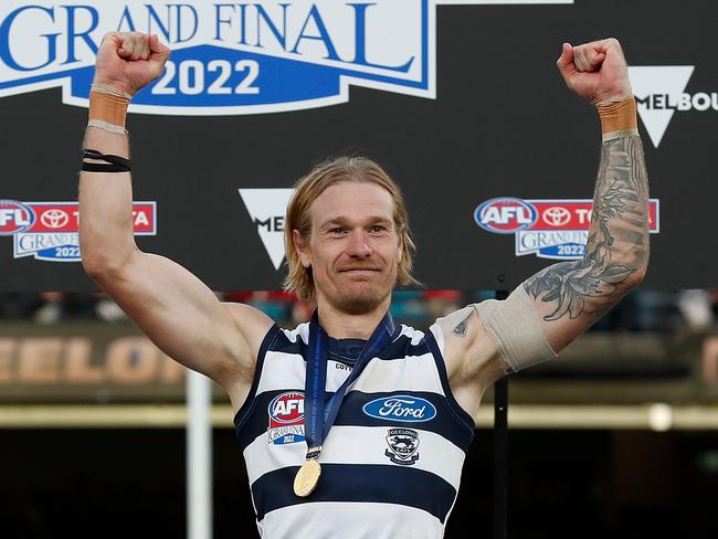 Tom Stewart on the dais after the 2022 grand final. Picture: Michael Willson/AFL Photos via Getty Images