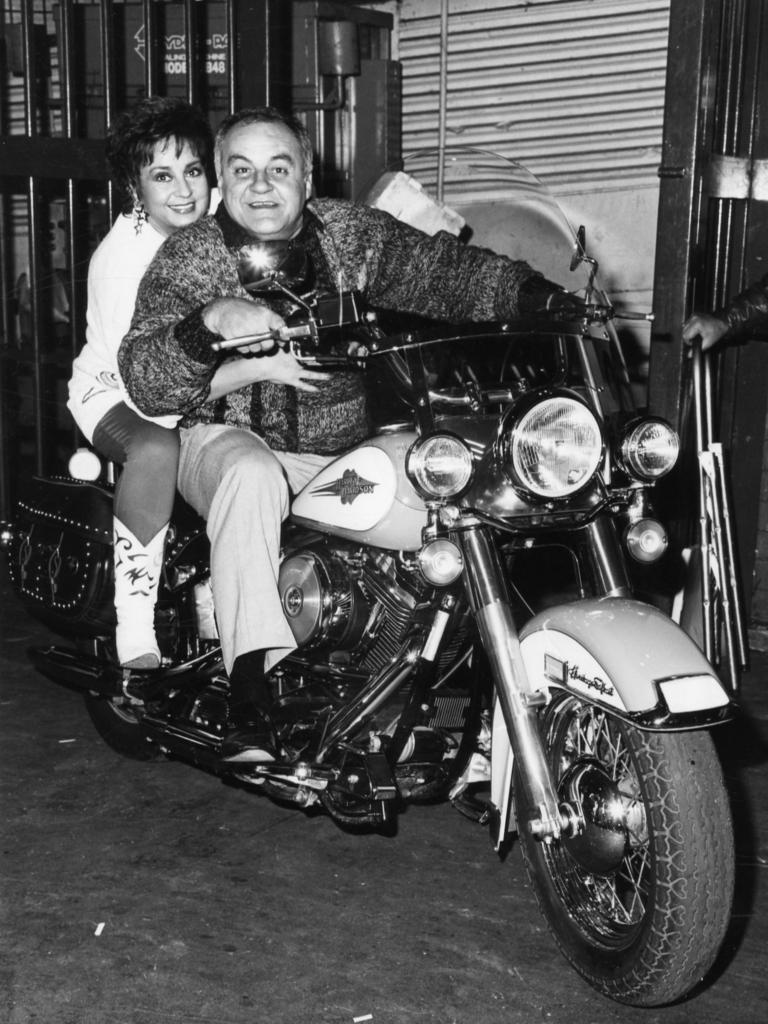 Bob Francis and Anne Wills on a Harley Davidson, in 1991.