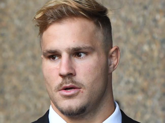 NRL player Jack De Belin arrives at the NSW Federal Court in Sydney, Thursday, April 18, 2019. Jack de Belin is suing the NRL and ARL Commission after he was indefinitely suspended under the game's crackdown on misbehaviour. (AAP Image/Peter Rae) NO ARCHIVING