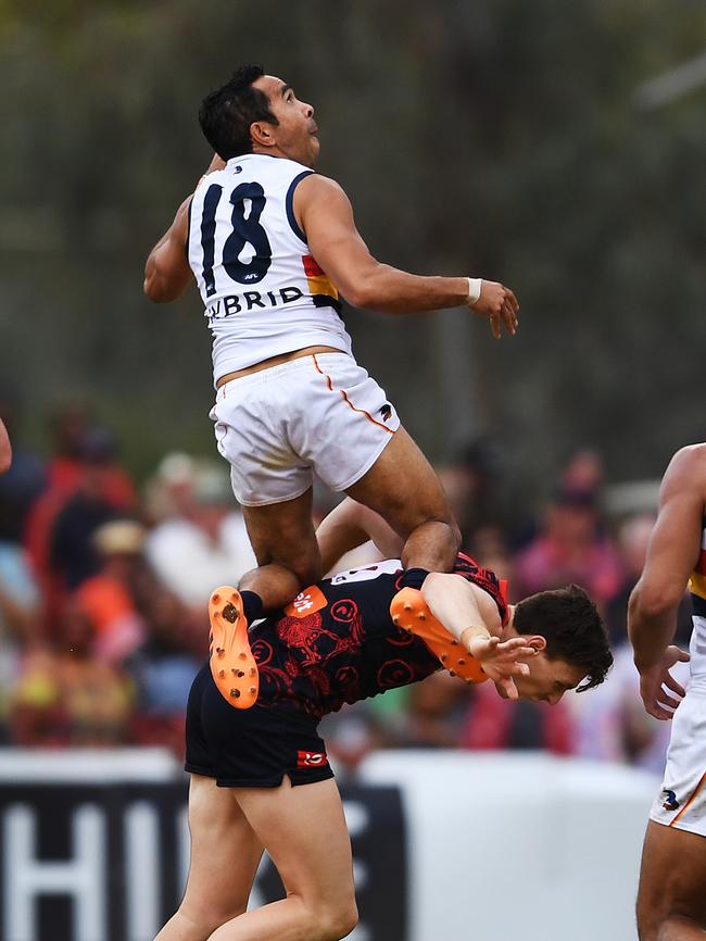 Betts sits on Lever’s back. Picture: Michael Willson/AFL Media/Getty Images