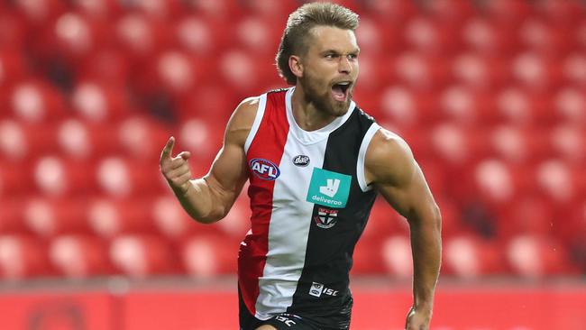 St Kilda’s Dan Butler celebrates one of his four goals against Gold Coast at Metricon Stadium. Picture: Getty Images