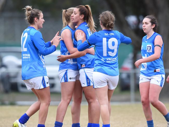 VFL (women's) football: Diamond Creek v VU Western Spurs at Plenty War Memorial Park, Plenty. Western Spurs in light blue jumpers.  No 18 for Western Alyssa Mifsud goals. Picture: Lawrence Pinder