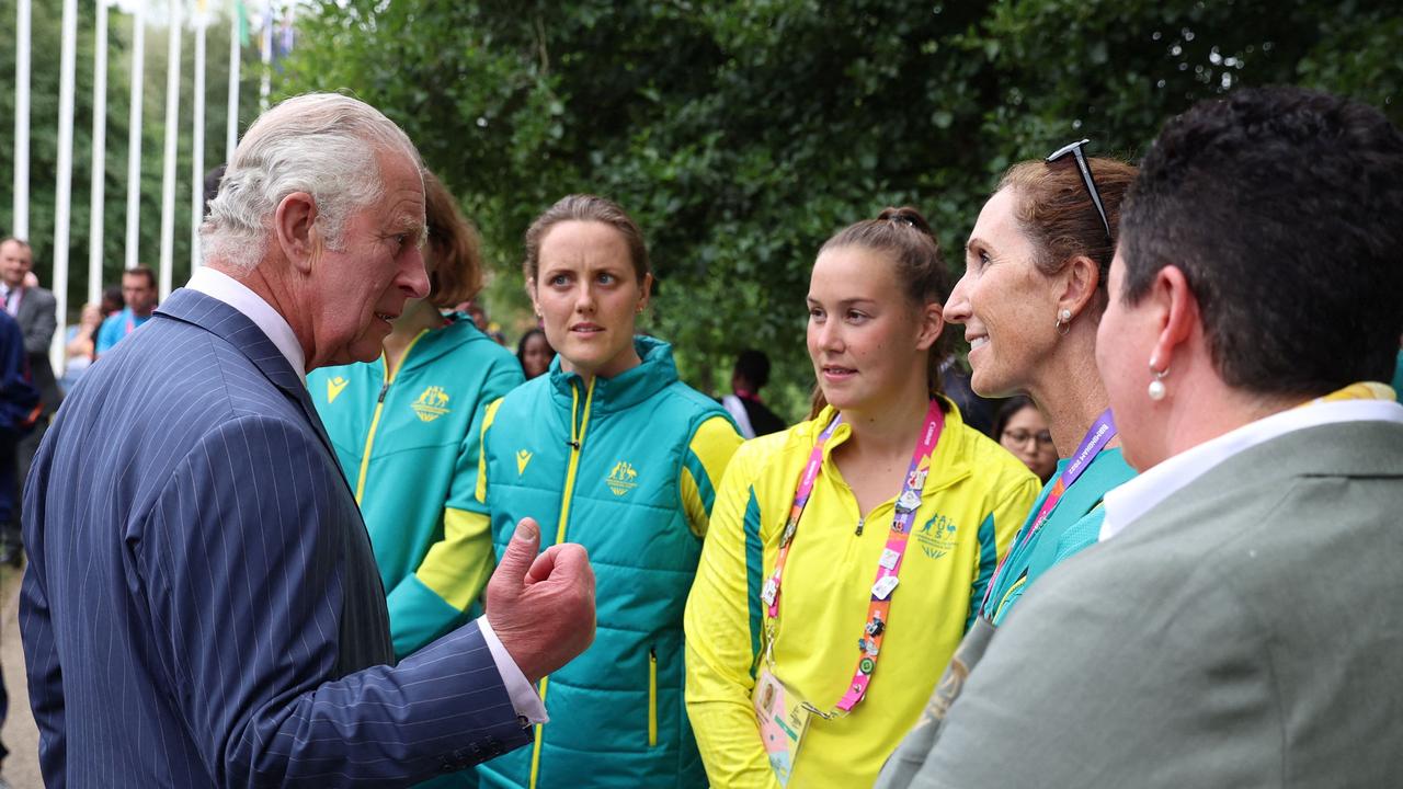 Prince Charles with athletes with members of the Australian team during a visit to the Athletes’ Village at The University of Birmingham. Picture: Phil Noble/AFP