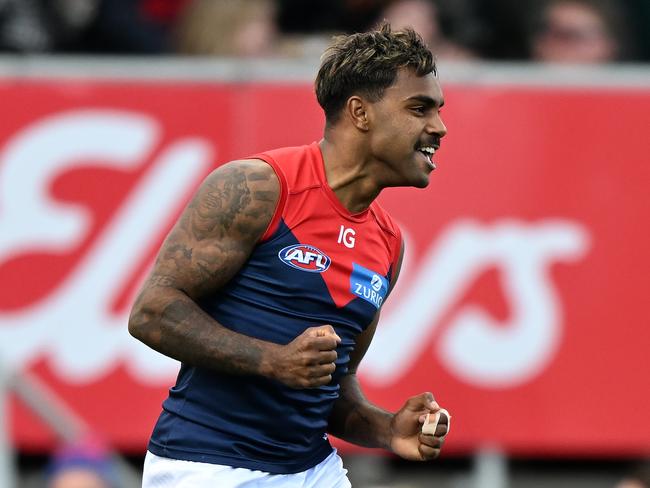 HOBART, AUSTRALIA - AUGUST 06: Kysaiah Pickett of the Demons celebrates a goal  during the round 21 AFL match between North Melbourne Kangaroos and Melbourne Demons at Blundstone Arena, on August 06, 2023, in Hobart, Australia. (Photo by Steve Bell/Getty Images)