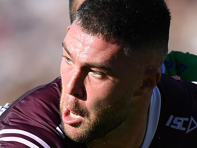 Curtis Sironen of the Sea Eagles during the Round 7 NRL match between the Manly Sea Eagles and the Canberra Raiders at Lottoland in Sydney, Sunday, April 28, 2019. (AAP Image/Joel Carrett) NO ARCHIVING, EDITORIAL USE ONLY