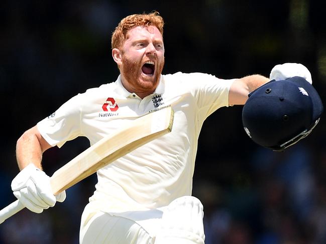 England batsman Jonny Bairstow reacts after scoring a century on Day 2 of the Third Ashes Test match between Australia and England at the WACA ground in Perth, Friday, December 15, 2017. (AAP Image/Dave Hunt) NO ARCHIVING, EDITORIAL USE ONLY, IMAGES TO BE USED FOR NEWS REPORTING PURPOSES ONLY, NO COMMERCIAL USE WHATSOEVER, NO USE IN BOOKS WITHOUT PRIOR WRITTEN CONSENT FROM AAP