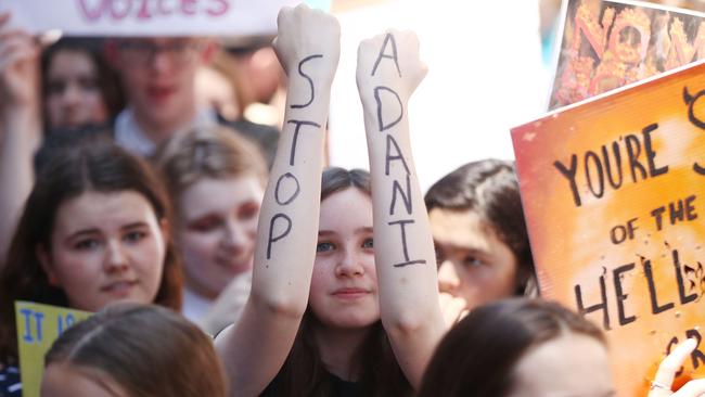 Stopping the Adani coal mine project in Queensland was high on the agenda at the protest at Sydney’s Martin Place. Picture: Getty