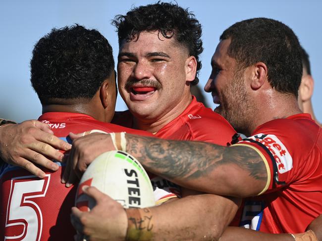 BUNDABERG, AUSTRALIA - JULY 30: Valynce Te Whare of the Dolphins celebrates after scoring a try  during the round 22 NRL match between Canterbury Bulldogs and Dolphins at Salter Oval on July 30, 2023 in Bundaberg, Australia. (Photo by Ian Hitchcock/Getty Images)