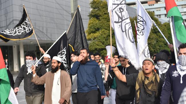 Supporters of the Sydney University Muslim Students Association march through the campus on Friday. Picture: Noah Yim / The Australian