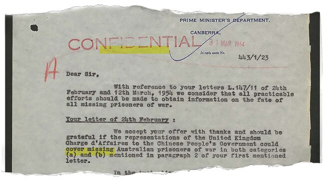 In 1954, the secretary of the Prime Minister’s Department wrote to the British high commissioner in Canberra accepting the UK’s offer to make representations to the Chinese on the missing POWs.