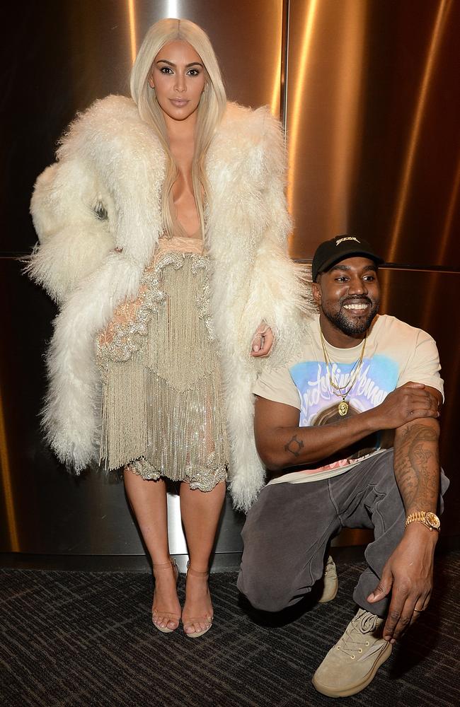 Kim Kardashian and Kanye West dressed like only Kim and Kanye can at Kanye’s Yeezy season three launch in New York today. Picture: Getty Images