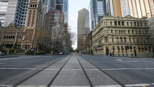 Melbourne’s CBD during the state’s strict lockdowns. Picture: Ian Currie