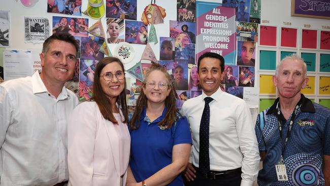 LNP candidate for Keppel Nigel Hutton, Donna Kirkland LNP candidate for Rockhampton, Jess Conway, Leader of the Opposition David Crisafulli, and Chris Robertson, during a visit to Our Space, Stockland Rockhampton Shopping Centre. Picture: Liam Kidston.