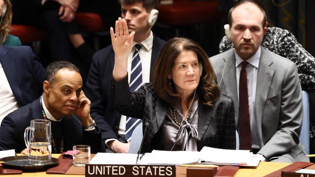 Ambassador Dorothy Camille Shea raises her hand to vote during a UN Security Council meeting. Picture: Getty Images