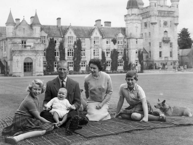 September 1960: Queen Elizabeth and Prince Philip and infant Prince Andrew, Princess Anne (left) and Prince Charles, right, at Balmoral Castle in Scotland. Picture: Keystone.