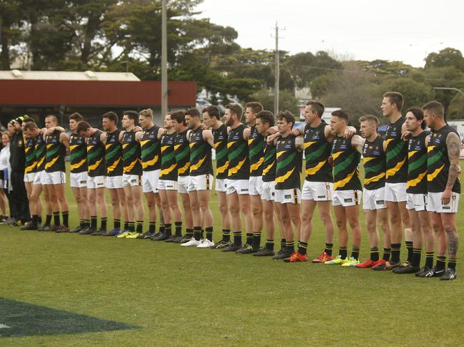 Dromana lines up for the national anthem before the 2019 MPNFL Division 1 grand final. Picture: Valeriu Campan