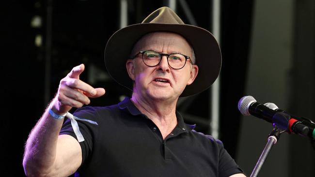 Anthony Albanese speaks at the Woodford Folk Festival in Queensland. Picture: NCA Newswire / Claudia Baxter