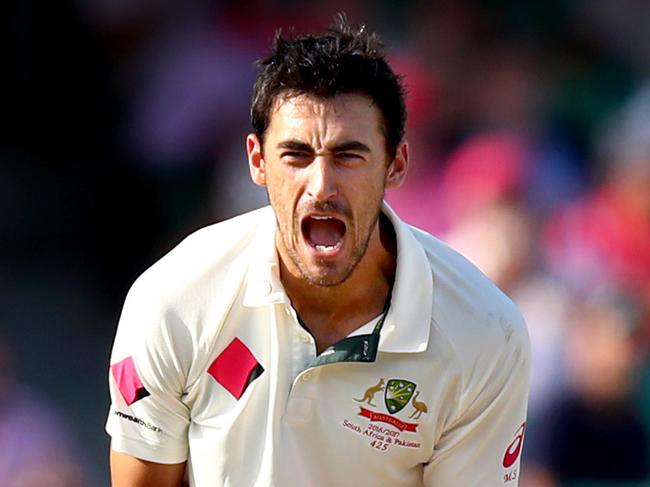 Mitchell Starc celebrates taking the wicket of Sarfraz Ahmed during day 3 of the 3rd Test between Australia and Pakistan at the SCG , Moore Park . Picture : Gregg Porteous