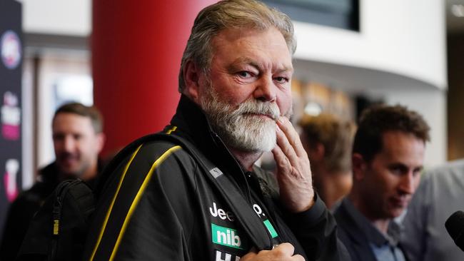 Richmond Tigers Football Manager Neil Balme speaks to media during the opening day of the AFL trade period as club representatives begin trade discussions in Melbourne, Monday, October 7, 2019. (AAP Image/Michael Dodge) NO ARCHIVING