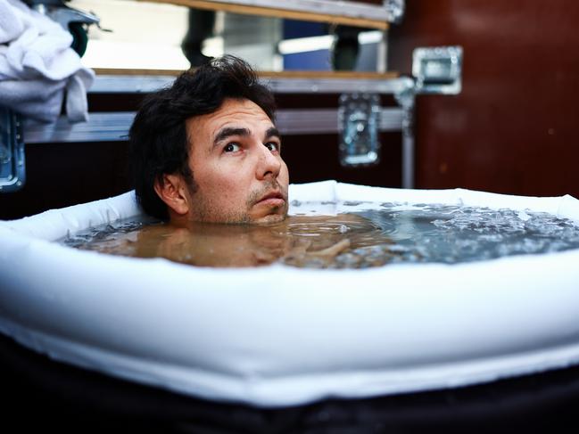 F1 driver Sergio Perez takes an ice bath prior to the Grand Prix of Singapore. Picture: Mark Thompson/Getty Images.