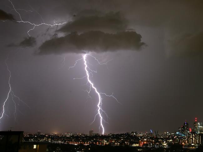 Summer Storms and lightning over Brisbane City from Hamilton, on Sunday October 29th, 2017. AAP Image/Steve Pohlner