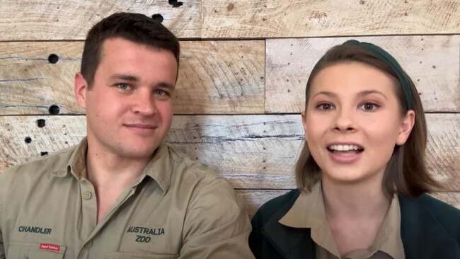 Bindi Irwin (right) and husband Chandler Powell have asked fans to stop inquiring about whether they plan to have more children. Photo: YouTube/Australia Zoo.