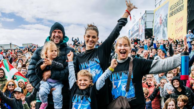 The family celebrated Wright’s retirement from competitive surfing at the Rip Curl Pro Bells Beach on April 9 this year. Picture: Beatriz Ryder/World Surf League