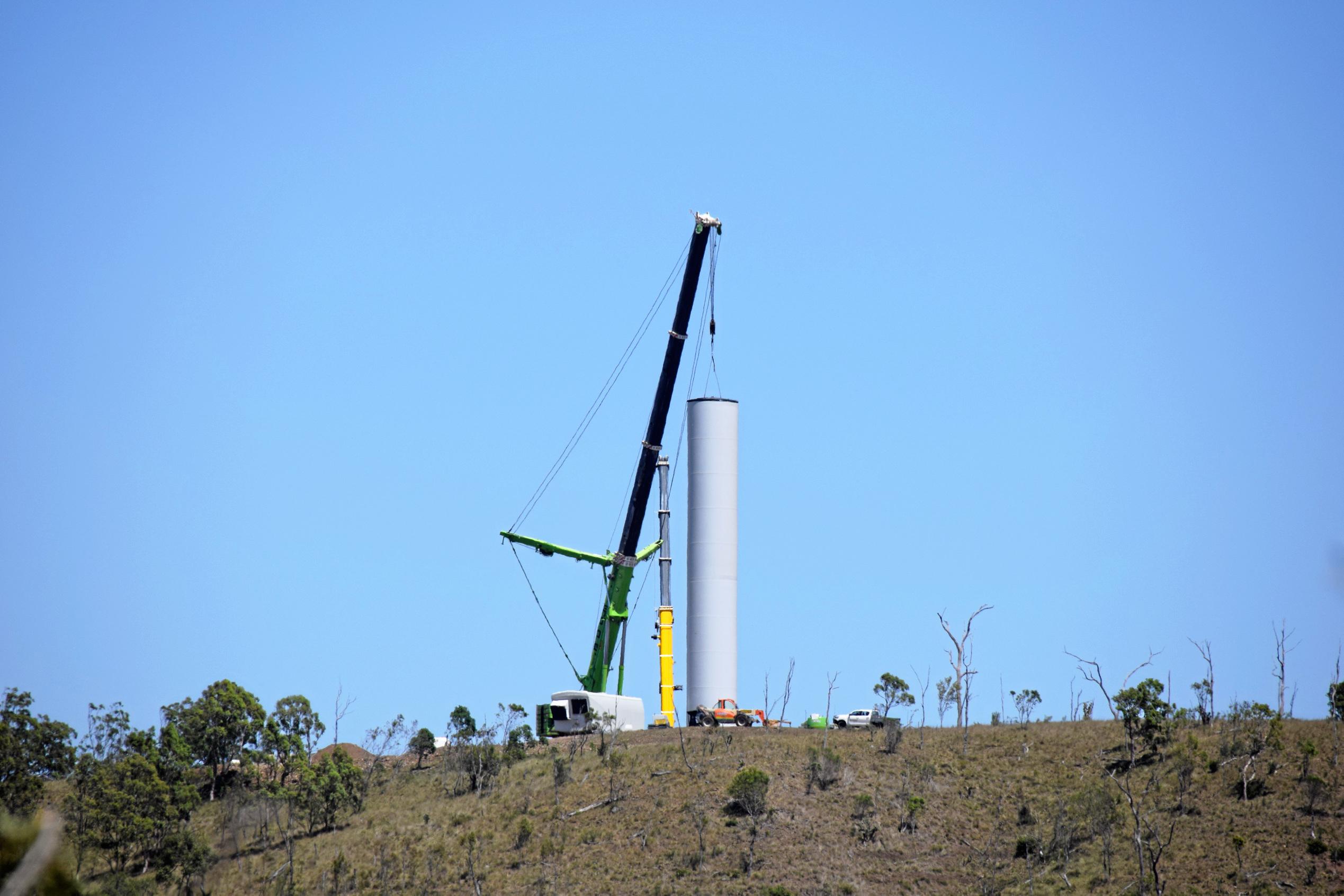 A look at the Coopers Gap wind farm with the completion of the third wind turbine only days away. Picture: Matt Collins