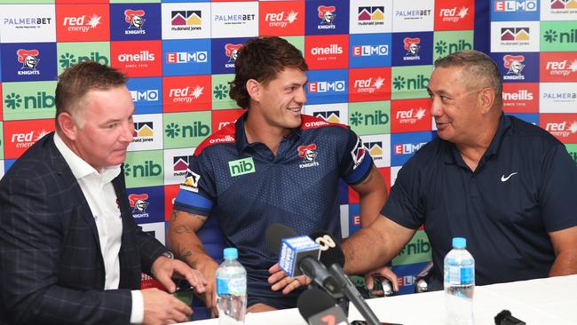 Knights coach Adam O’Brien, Kalyn Ponga and Andre Ponga were all smiles on Wednesday. Picture: Peter Lorimer/Getty Images