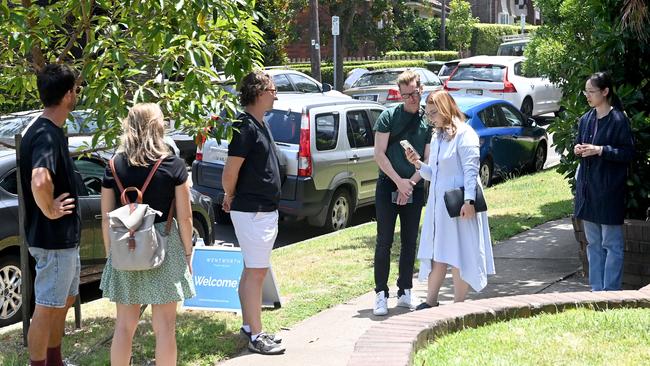 Long lines have become commonplace outside rental inspections as people fight for properties. Picture: NCA NewsWire / Jeremy Piper