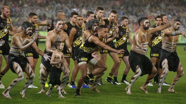 Young Tiger Sydney Stack joins the indigenous war dance before Dreamtime at the ‘G last year. Picture: AAP