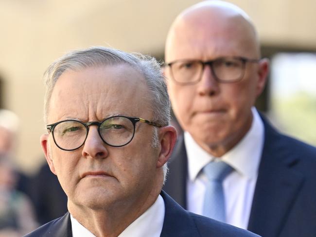 CANBERRA, AUSTRALIA  - NewsWire Photos - February 3, 2025:  Prime Minister Anthony Albanese and Leader of the Opposition Peter Dutton during the last post ceremony at the Australian War Memorial in Canberra. Picture: NewsWire / Martin Ollman