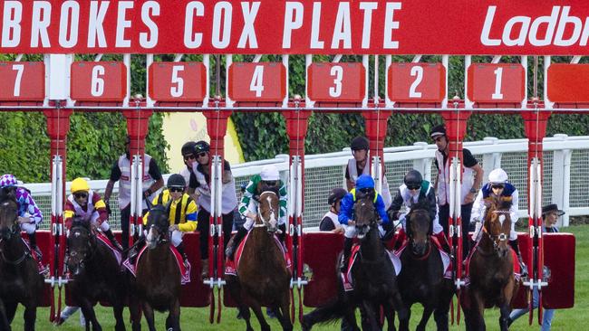 FIRST LAP. Via Sistina ridden by James McDonald wins the Cox Plate. Cox plate at Moonee Valley Races celebrities, crowds and racing. Picture: Jason Edwards